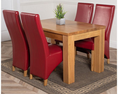 Dakota 127 x 82 cm Chunky Oak Small Dining Table and 4 Chairs Dining Set with Lola Burgundy Leather Chairs