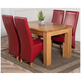 Dakota 127 x 82 cm Chunky Oak Small Dining Table and 4 Chairs Dining Set with Lola Burgundy Leather Chairs