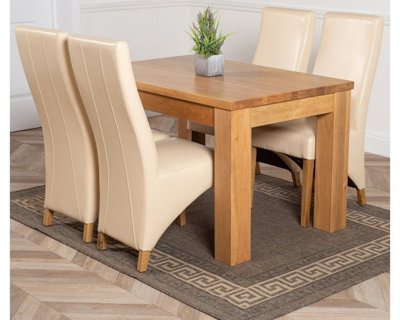 Dakota 127 x 82 cm Chunky Oak Small Dining Table and 4 Chairs Dining Set with Lola Ivory Leather Chairs