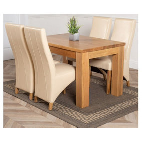 Dakota 127 x 82 cm Chunky Oak Small Dining Table and 4 Chairs Dining Set with Lola Ivory Leather Chairs