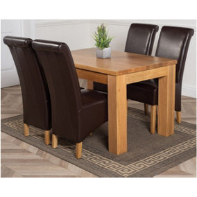Dakota 127 x 82 cm Chunky Oak Small Dining Table and 4 Chairs Dining Set with Montana Brown Leather Chairs