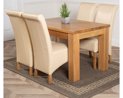 Dakota 127 x 82 cm Chunky Oak Small Dining Table and 4 Chairs Dining Set with Montana Ivory Leather Chairs