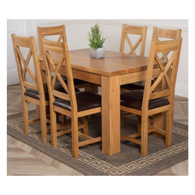 Dakota 127 x 82 cm Chunky Oak Small Dining Table and 6 Chairs Dining Set with Berkeley Brown Leather Chairs