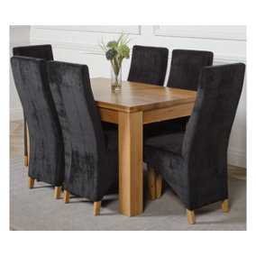 Dakota 127 x 82 cm Chunky Oak Small Dining Table and 6 Chairs Dining Set with Lola Black Fabric Chairs