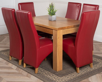 Dakota 127 x 82 cm Chunky Oak Small Dining Table and 6 Chairs Dining Set with Lola Burgundy Leather Chairs