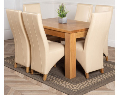 Dakota 127 x 82 cm Chunky Oak Small Dining Table and 6 Chairs Dining Set with Lola Ivory Leather Chairs