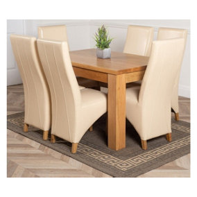 Dakota 127 x 82 cm Chunky Oak Small Dining Table and 6 Chairs Dining Set with Lola Ivory Leather Chairs