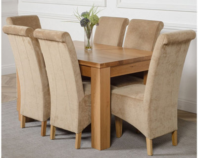 Dakota 127 x 82 cm Chunky Oak Small Dining Table and 6 Chairs Dining Set with Montana Beige Fabric Chairs