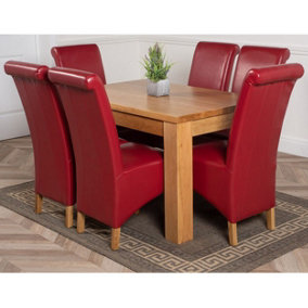 Dakota 127 x 82 cm Chunky Oak Small Dining Table and 6 Chairs Dining Set with Montana Burgundy Leather Chairs