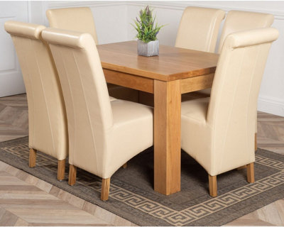 Dakota 127 x 82 cm Chunky Oak Small Dining Table and 6 Chairs Dining Set with Montana Ivory Leather Chairs