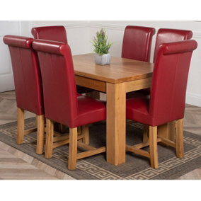 Dakota 127 x 82 cm Chunky Oak Small Dining Table and 6 Chairs Dining Set with Washington Burgundy Leather Chairs
