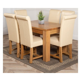 Dakota 127 x 82 cm Chunky Oak Small Dining Table and 6 Chairs Dining Set with Washington Ivory Leather Chairs