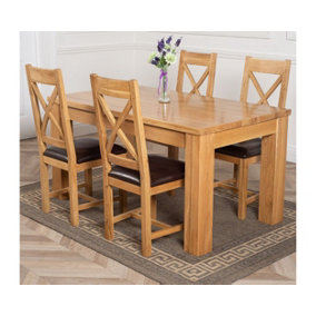 Dakota 152 x 87 cm Chunky Medium Oak Dining Table and 4 Chairs Dining Set with Berkeley Brown Leather Chairs