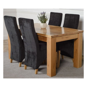 Dakota 152 x 87 cm Chunky Medium Oak Dining Table and 4 Chairs Dining Set with Lola Black Fabric Chairs