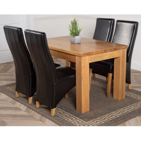 Dakota 152 x 87 cm Chunky Medium Oak Dining Table and 4 Chairs Dining Set with Lola Black Leather Chairs