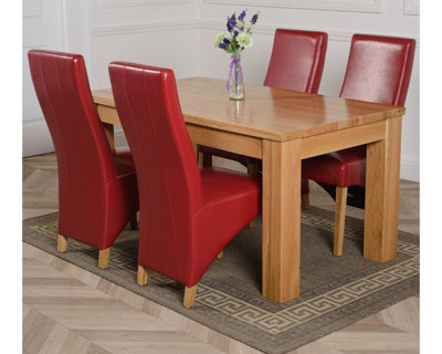 Dakota 152 x 87 cm Chunky Medium Oak Dining Table and 4 Chairs Dining Set with Lola Burgundy Leather Chairs