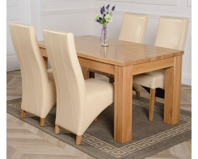 Dakota 152 x 87 cm Chunky Medium Oak Dining Table and 4 Chairs Dining Set with Lola Ivory Leather Chairs