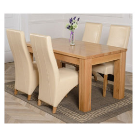 Dakota 152 x 87 cm Chunky Medium Oak Dining Table and 4 Chairs Dining Set with Lola Ivory Leather Chairs