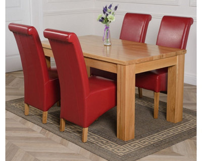 Dakota 152 x 87 cm Chunky Medium Oak Dining Table and 4 Chairs Dining Set with Montana Burgundy Leather Chairs