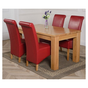 Dakota 152 x 87 cm Chunky Medium Oak Dining Table and 4 Chairs Dining Set with Montana Burgundy Leather Chairs