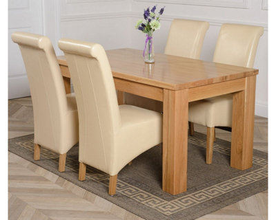 Dakota 152 x 87 cm Chunky Medium Oak Dining Table and 4 Chairs Dining Set with Montana Ivory Leather Chairs