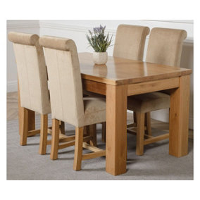 Dakota 152 x 87 cm Chunky Medium Oak Dining Table and 4 Chairs Dining Set with Washington Beige Fabric Chairs