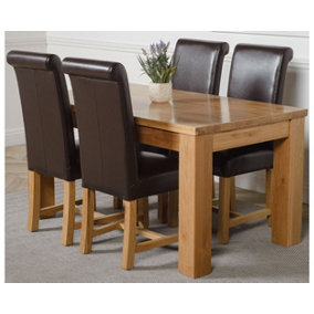 Dakota 152 x 87 cm Chunky Medium Oak Dining Table and 4 Chairs Dining Set with Washington Brown Leather Chairs