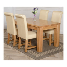 Dakota 152 x 87 cm Chunky Medium Oak Dining Table and 4 Chairs Dining Set with Washington Ivory Leather Chairs