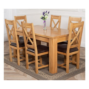 Dakota 152 x 87 cm Chunky Medium Oak Dining Table and 6 Chairs Dining Set with Berkeley Brown Leather Chairs