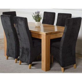 Dakota 152 x 87 cm Chunky Medium Oak Dining Table and 6 Chairs Dining Set with Lola Black Fabric Chairs