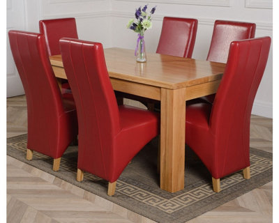 Dakota 152 x 87 cm Chunky Medium Oak Dining Table and 6 Chairs Dining Set with Lola Burgundy Leather Chairs