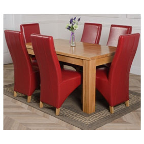 Dakota 152 x 87 cm Chunky Medium Oak Dining Table and 6 Chairs Dining Set with Lola Burgundy Leather Chairs