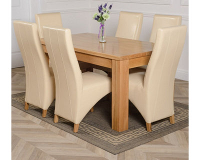 Dakota 152 x 87 cm Chunky Medium Oak Dining Table and 6 Chairs Dining Set with Lola Ivory Leather Chairs