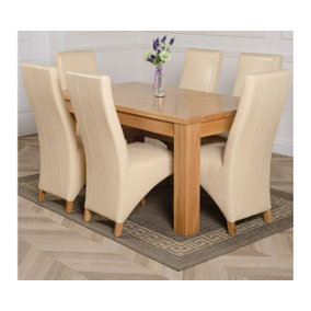 Dakota 152 x 87 cm Chunky Medium Oak Dining Table and 6 Chairs Dining Set with Lola Ivory Leather Chairs