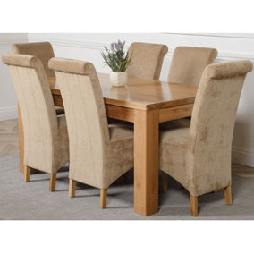 Dakota 152 x 87 cm Chunky Medium Oak Dining Table and 6 Chairs Dining Set with Montana Beige Fabric Chairs