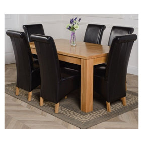 Dakota 152 x 87 cm Chunky Medium Oak Dining Table and 6 Chairs Dining Set with Montana Black Leather Chairs