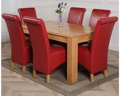 Dakota 152 x 87 cm Chunky Medium Oak Dining Table and 6 Chairs Dining Set with Montana Burgundy Leather Chairs