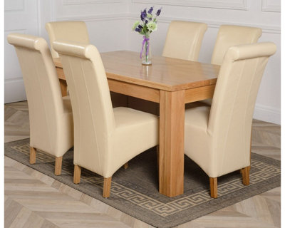 Dakota 152 x 87 cm Chunky Medium Oak Dining Table and 6 Chairs Dining Set with Montana Ivory Leather Chairs