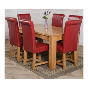 Dakota 152 x 87 cm Chunky Medium Oak Dining Table and 6 Chairs Dining Set with Washington Burgundy Leather Chairs