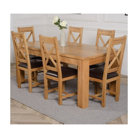 Dakota 182 x 92 cm Chunky Oak Large Dining Table and 6 Chairs Dining Set with Berkeley Brown Leather Chairs