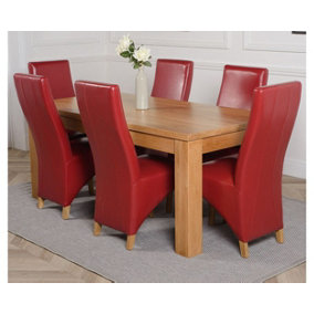 Dakota 182 x 92 cm Chunky Oak Large Dining Table and 6 Chairs Dining Set with Lola Burgundy Leather Chairs