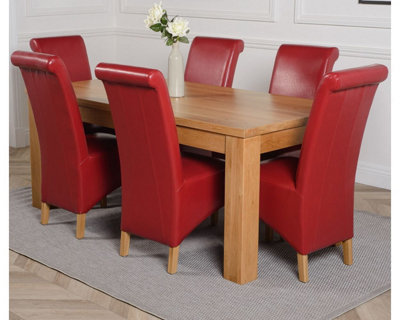 Dakota 182 x 92 cm Chunky Oak Large Dining Table and 6 Chairs Dining Set with Montana Burgundy Leather Chairs