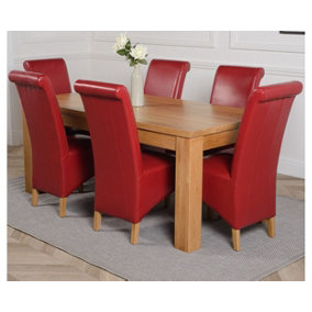 Dakota 182 x 92 cm Chunky Oak Large Dining Table and 6 Chairs Dining Set with Montana Burgundy Leather Chairs