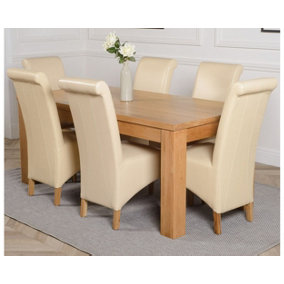 Dakota 182 x 92 cm Chunky Oak Large Dining Table and 6 Chairs Dining Set with Montana Ivory Leather Chairs