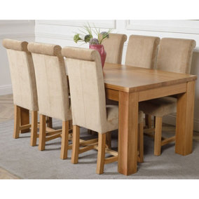 Dakota 182 x 92 cm Chunky Oak Large Dining Table and 6 Chairs Dining Set with Washington Beige Fabric Chairs