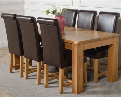 Dakota 182 x 92 cm Chunky Oak Large Dining Table and 6 Chairs Dining Set with Washington Brown Leather Chairs