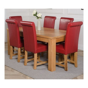 Dakota 182 x 92 cm Chunky Oak Large Dining Table and 6 Chairs Dining Set with Washington Burgundy Leather Chairs