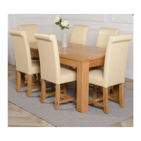 Dakota 182 x 92 cm Chunky Oak Large Dining Table and 6 Chairs Dining Set with Washington Ivory Leather Chairs