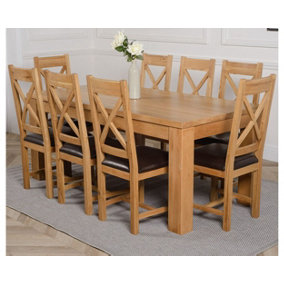 Dakota 182 x 92 cm Chunky Oak Large Dining Table and 8 Chairs Dining Set with Berkeley Brown Leather Chairs