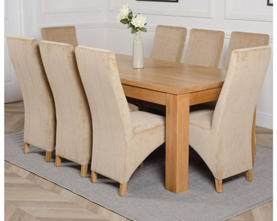 Dakota 182 x 92 cm Chunky Oak Large Dining Table and 8 Chairs Dining Set with Lola Beige Fabric Chairs